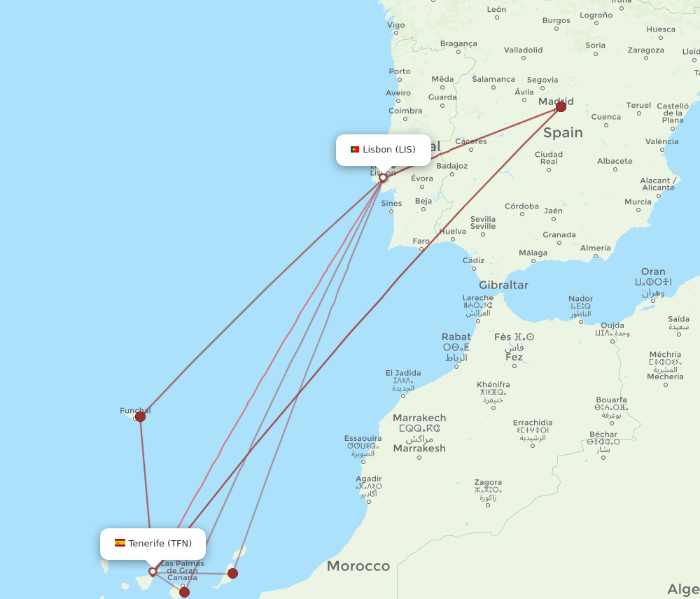 LIS to TFN flights and routes map