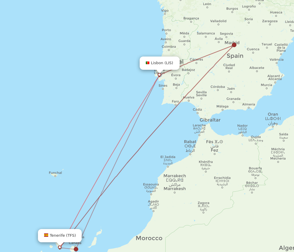 LIS to TFS flights and routes map