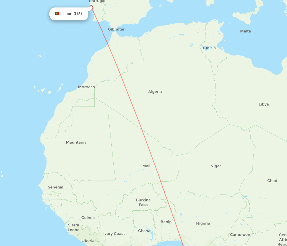 Lisbon - Sao Tome Island route map and flight paths