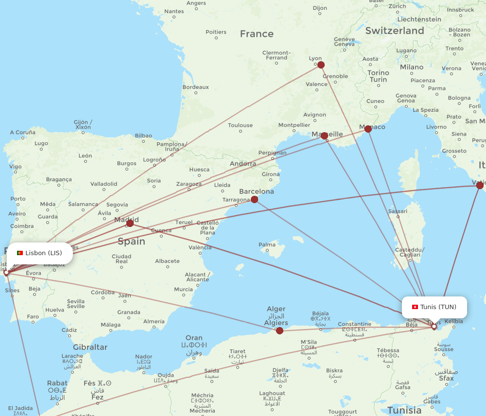 LIS-TUN flight routes