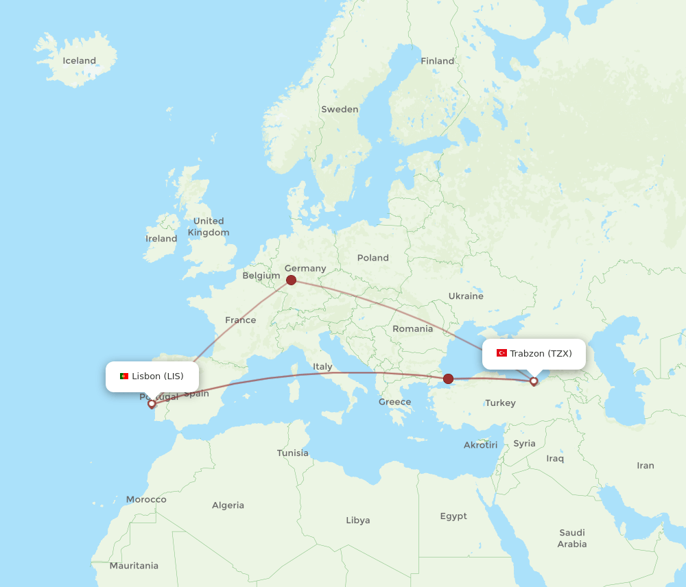LIS-TZX flight routes