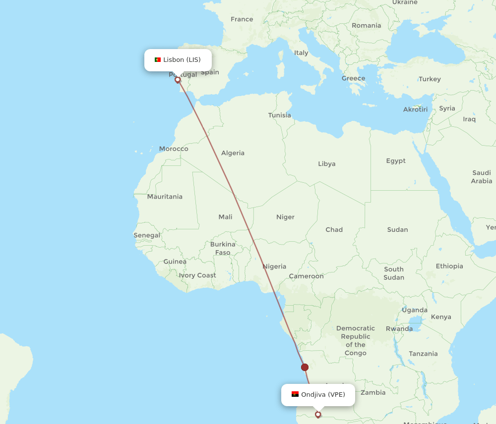 Lisbon - Ongiva route map and flight paths