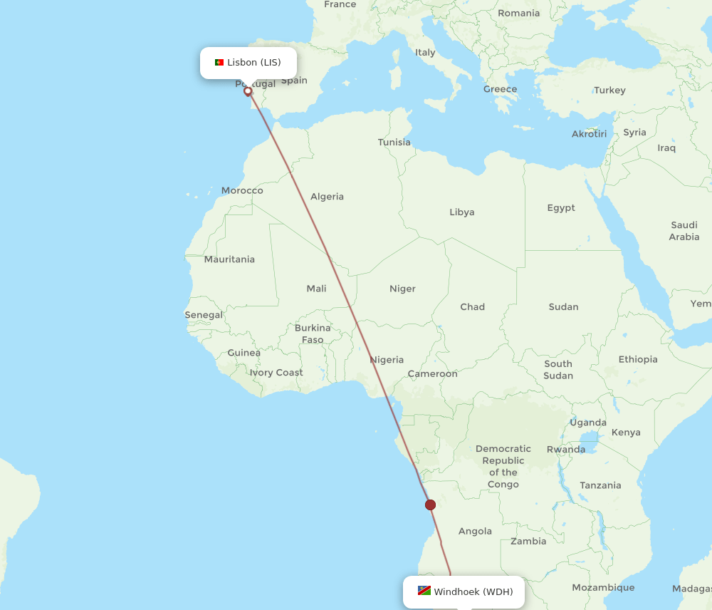 LIS-WDH flight routes