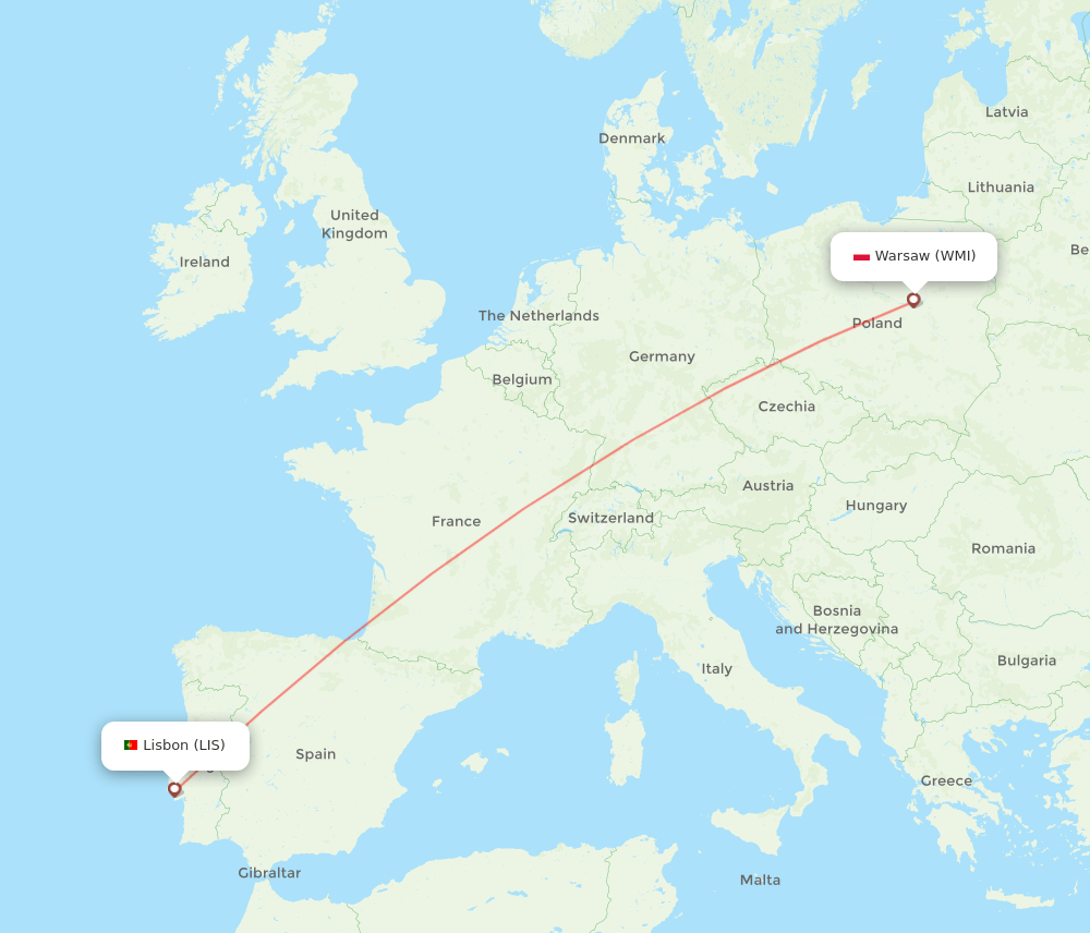 Lisbon - Modlin route map and flight paths