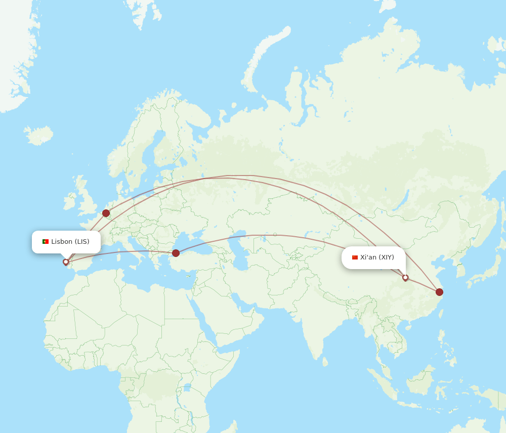 LIS to XIY flights and routes map