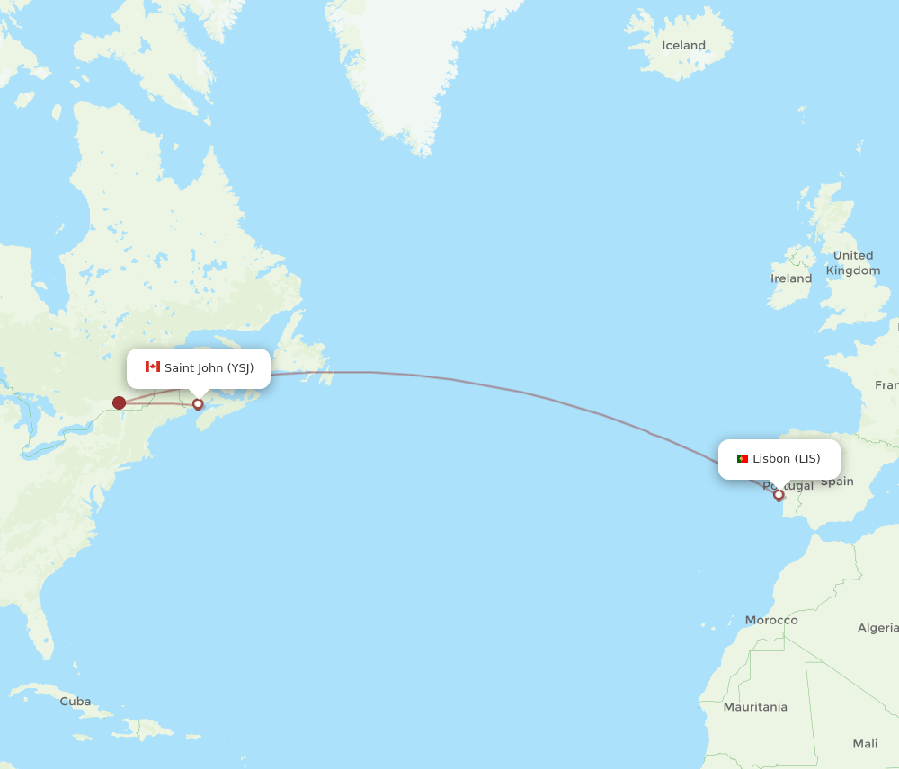 Lisbon - Saint John route map and flight paths