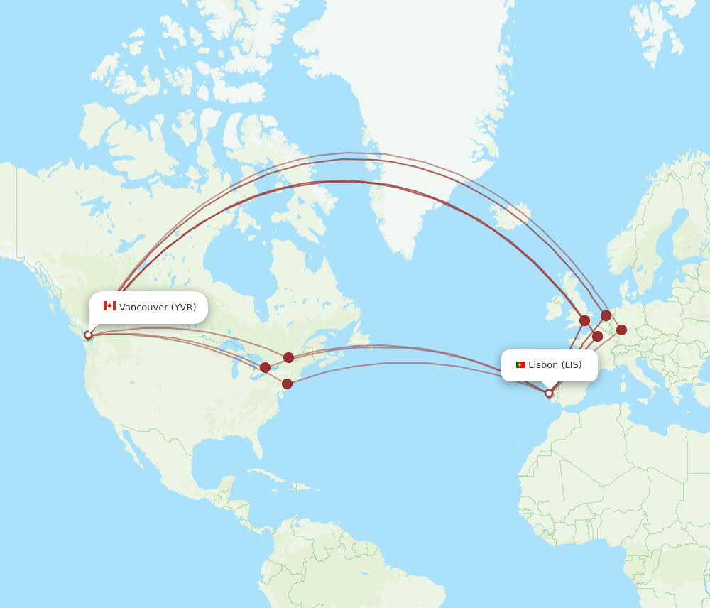 YVR to LIS flights and routes map