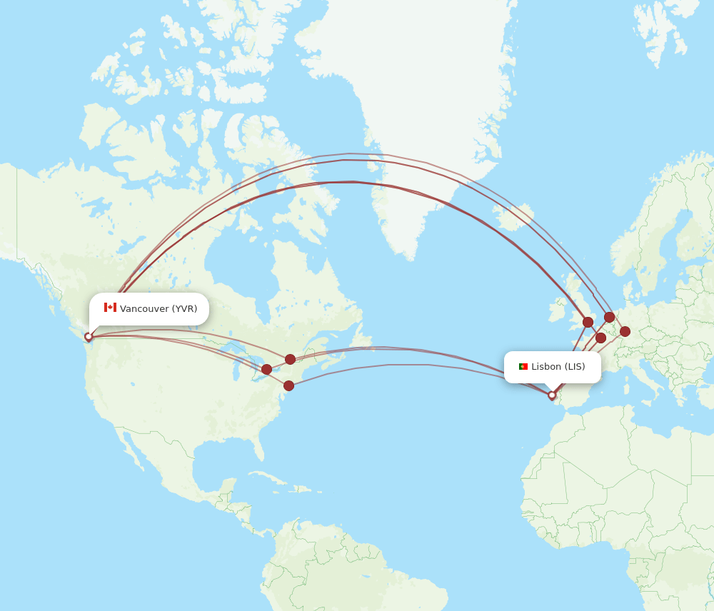 Vancouver - Lisbon route map and flight paths