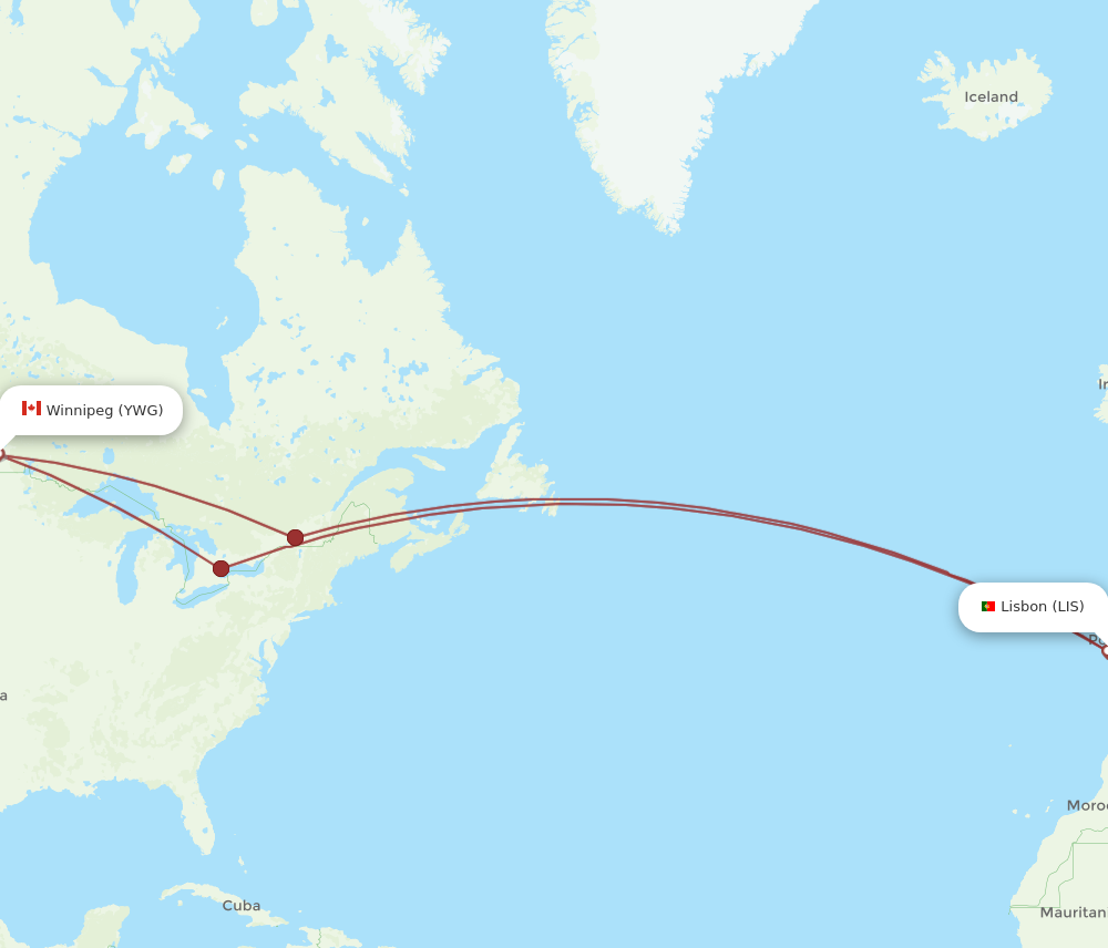 YWG to LIS flights and routes map