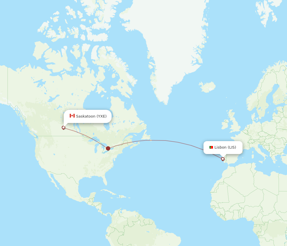 YXE to LIS flights and routes map