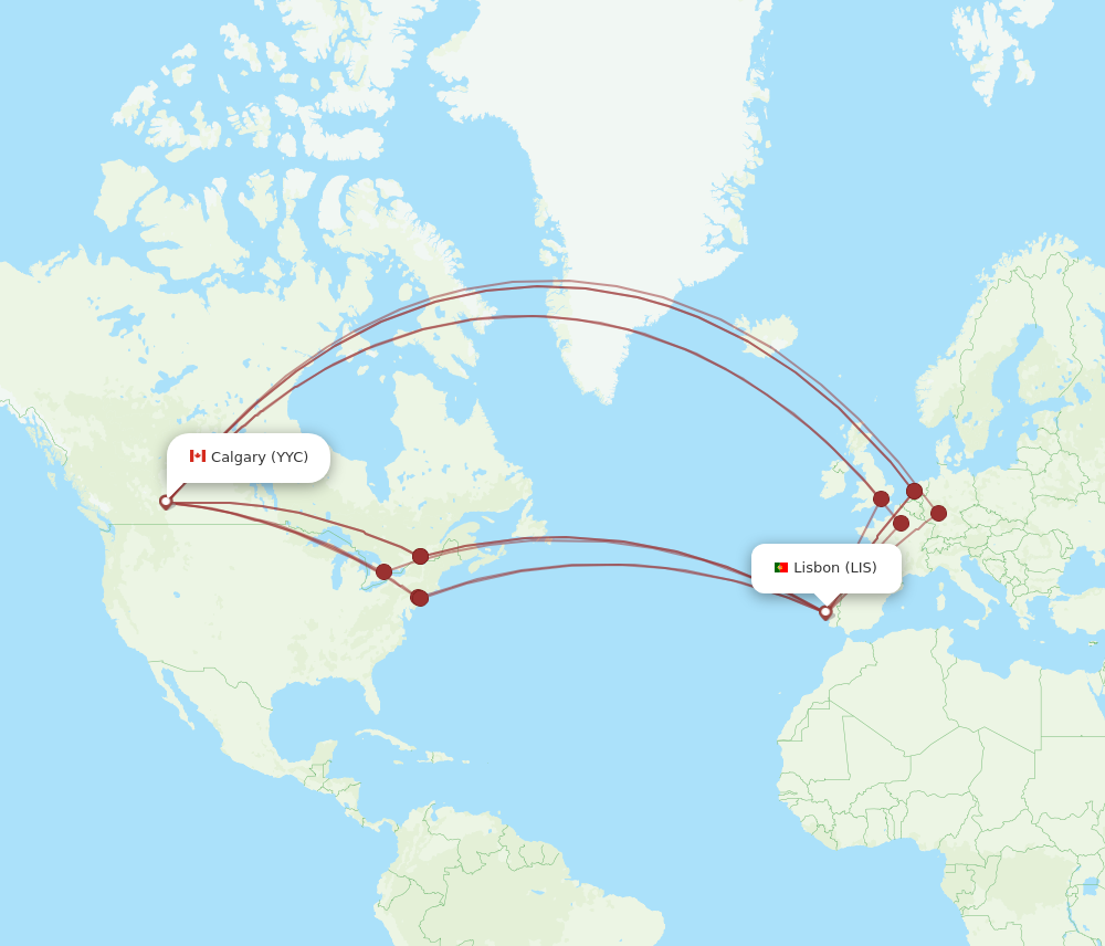 YYC to LIS flights and routes map