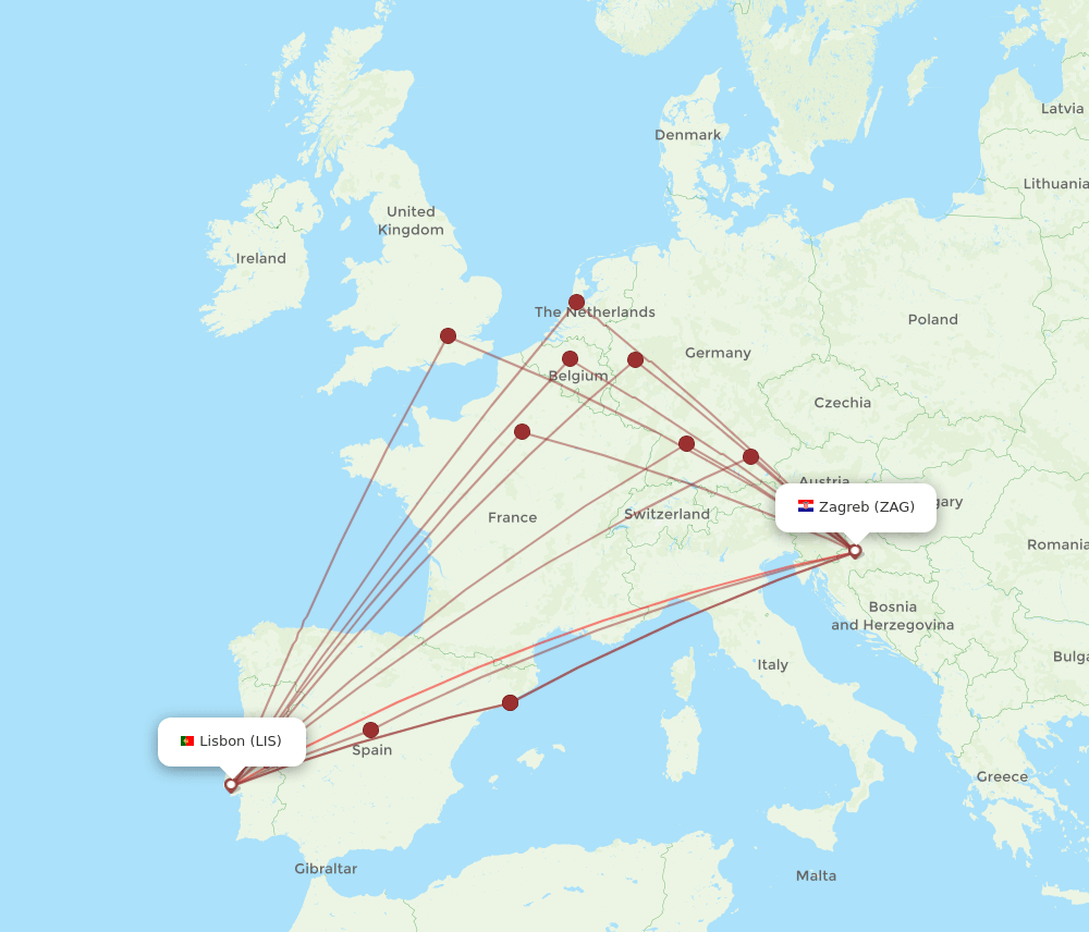 LIS-ZAG flight routes
