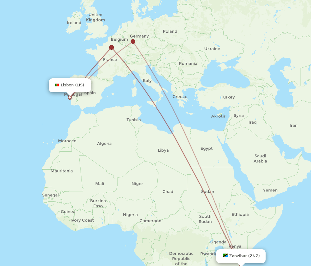 LIS to ZNZ flights and routes map
