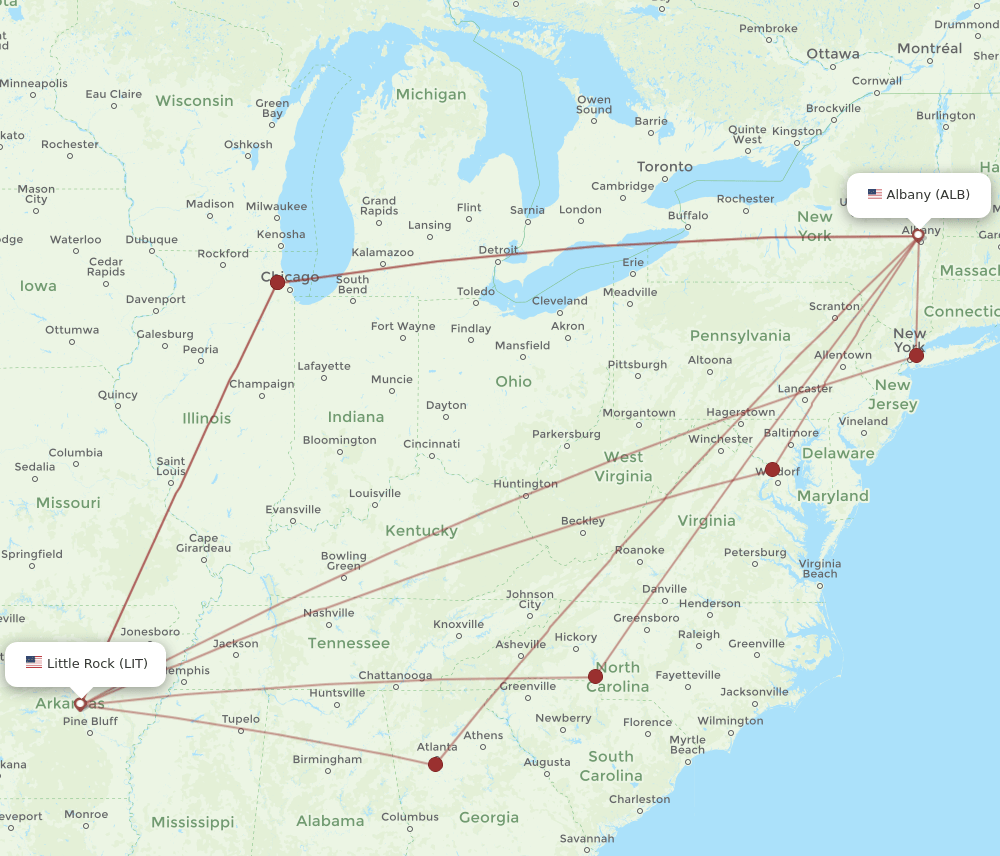 LIT to ALB flights and routes map