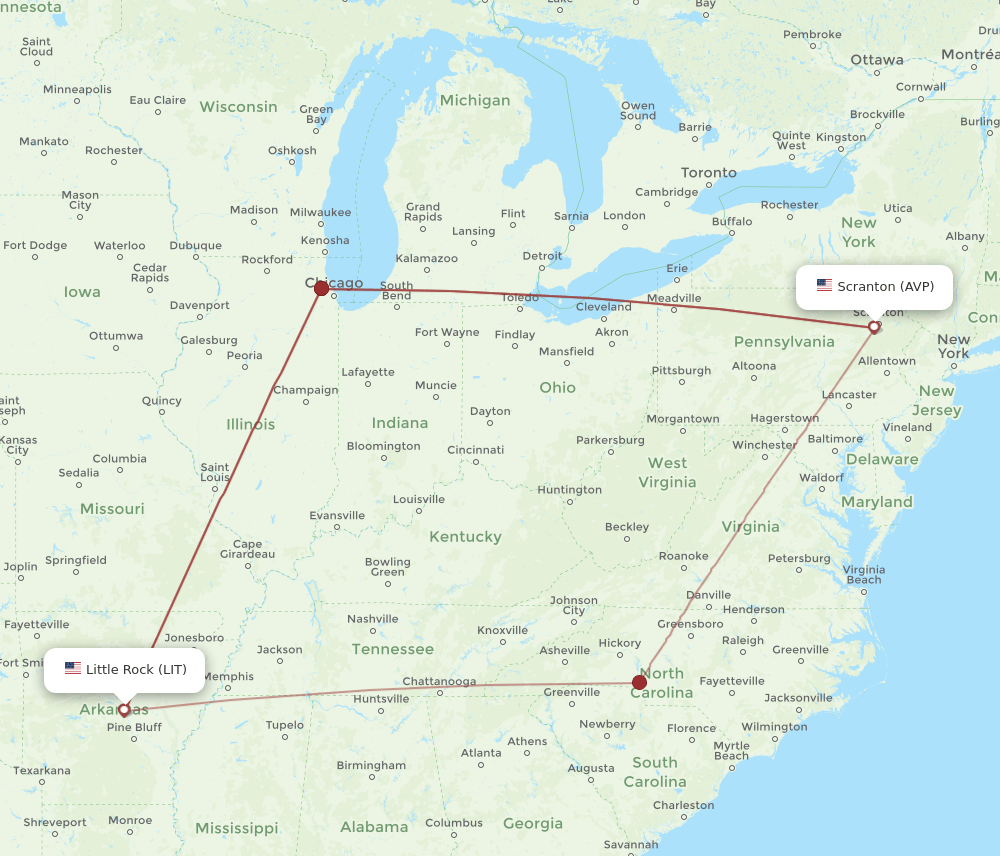 LIT to AVP flights and routes map