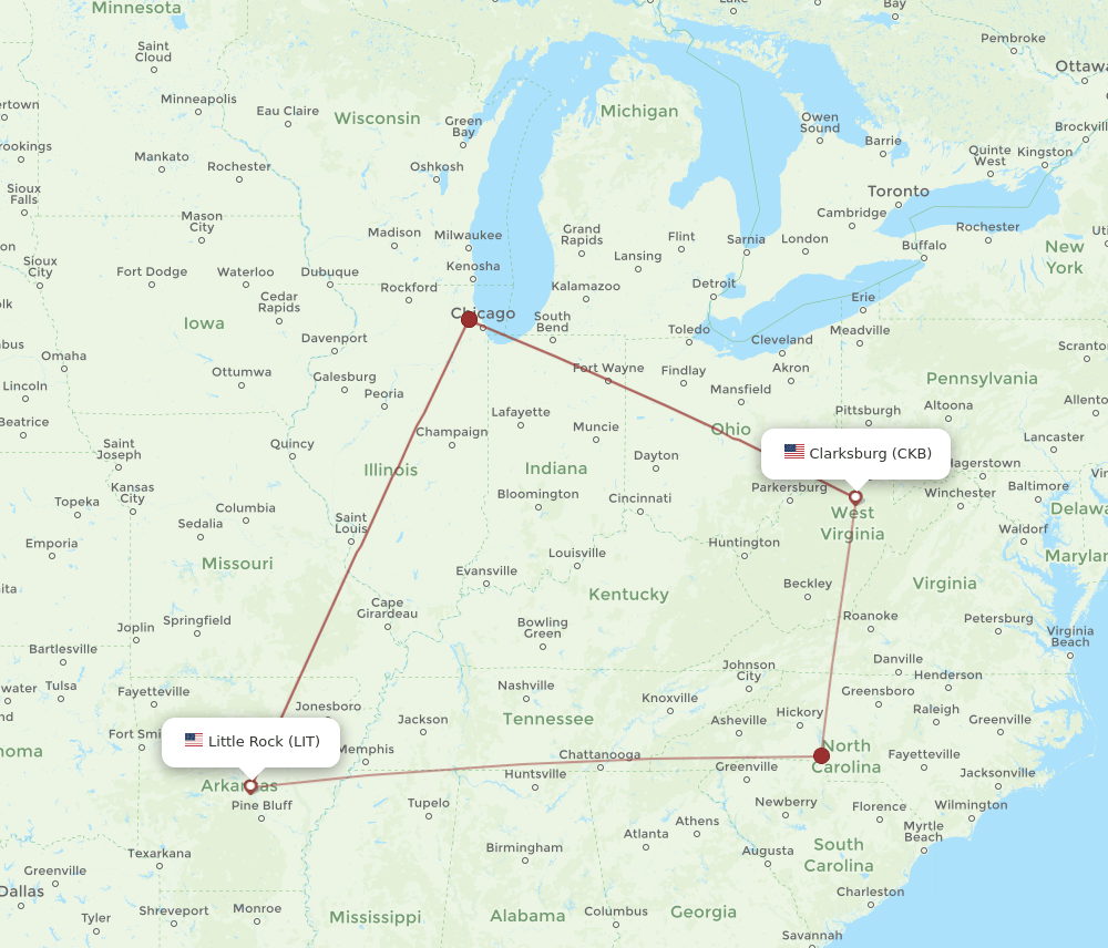 LIT-CKB flight routes