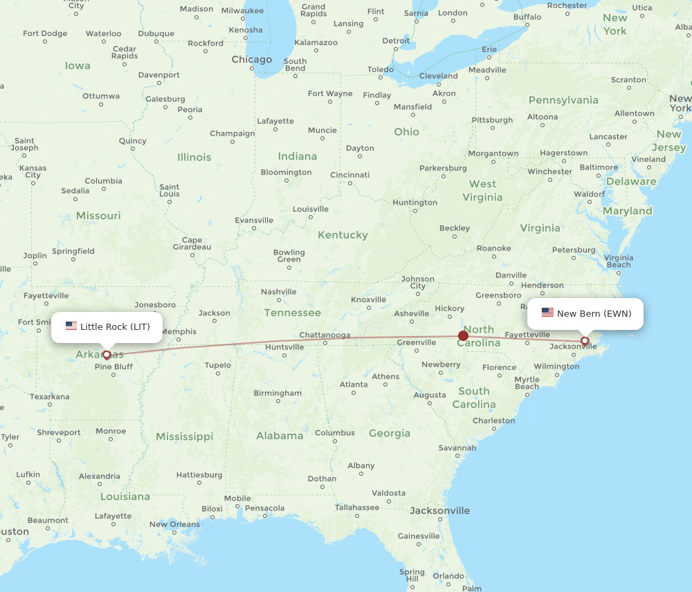 LIT to EWN flights and routes map