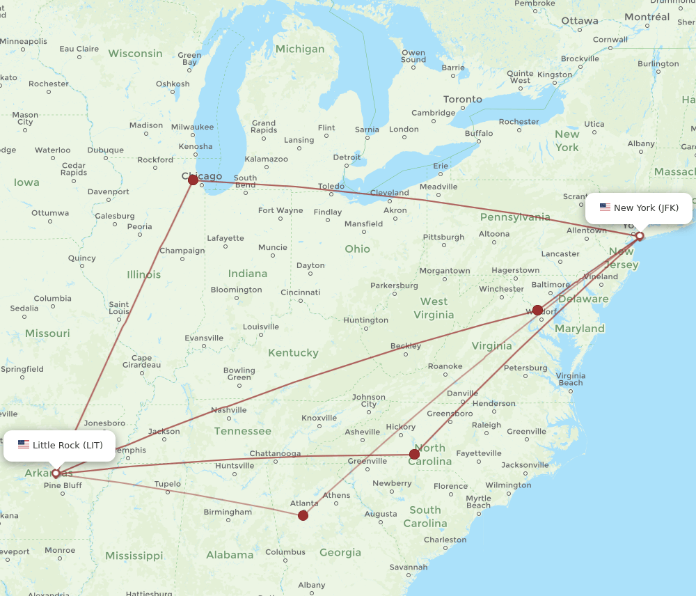 LIT-JFK flight routes