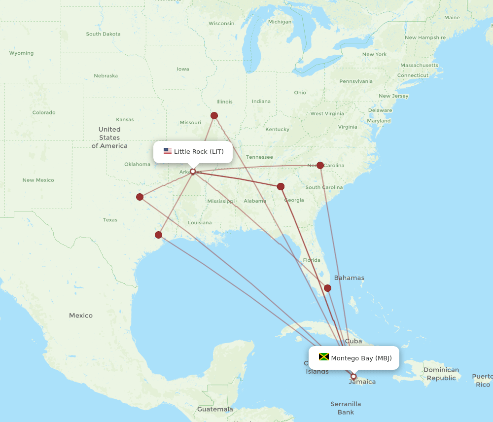 LIT to MBJ flights and routes map