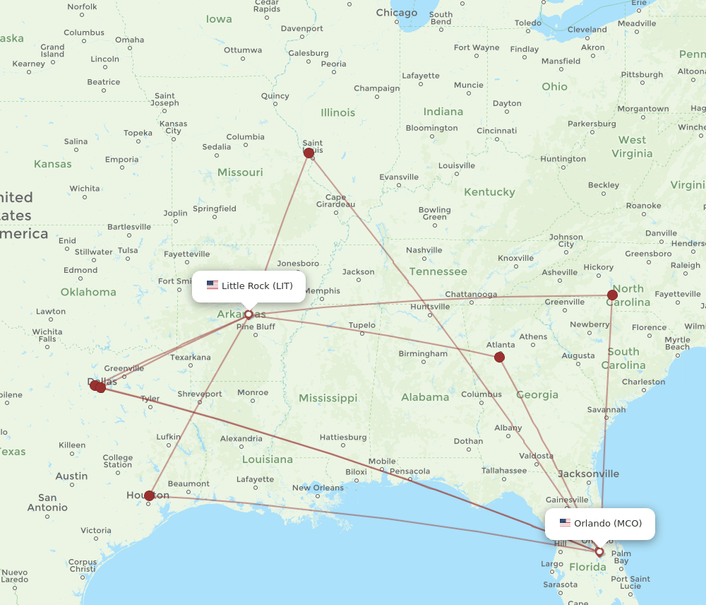 LIT to MCO flights and routes map