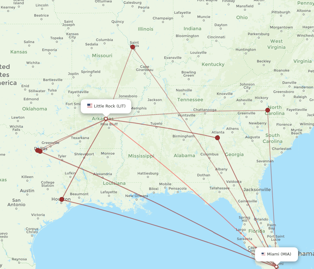 LIT to MIA flights and routes map