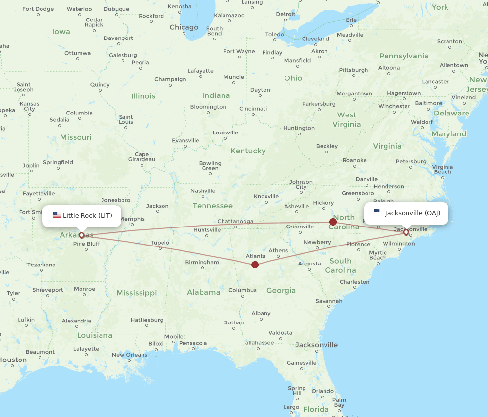 LIT to OAJ flights and routes map