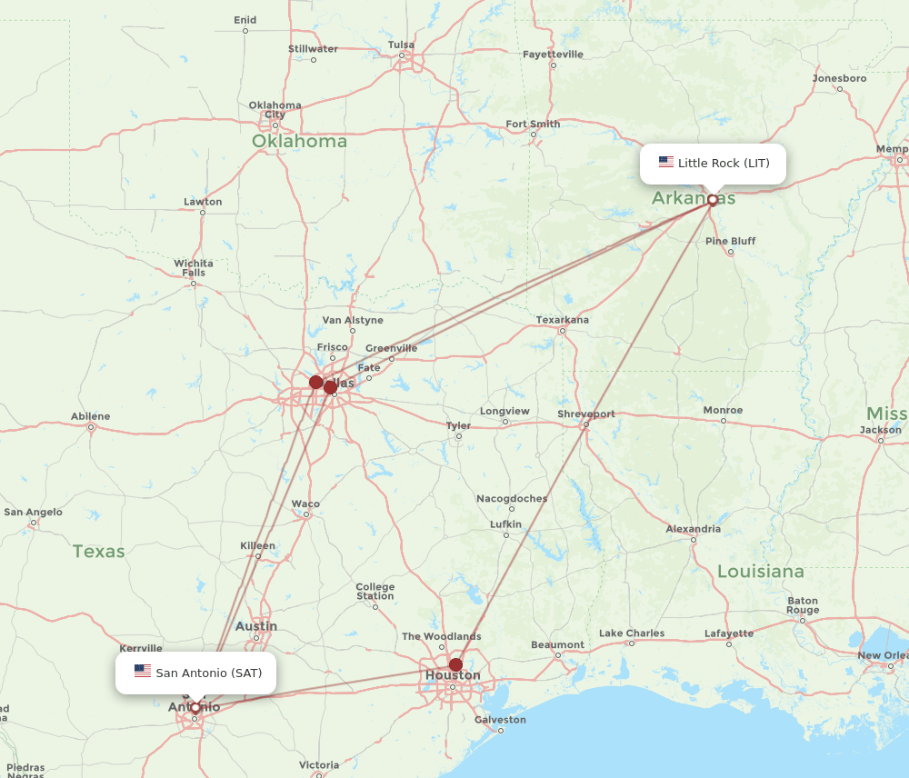 LIT to SAT flights and routes map