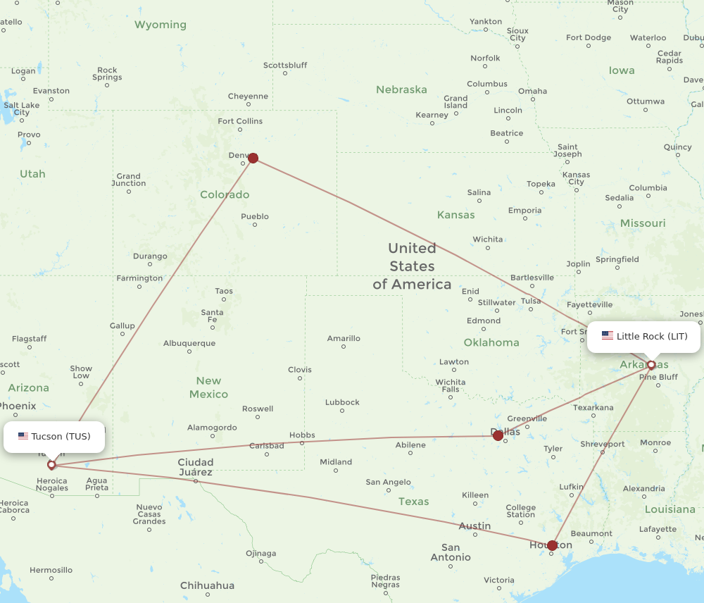 LIT to TUS flights and routes map