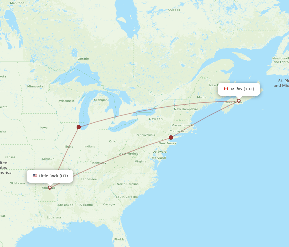 YHZ to LIT flights and routes map