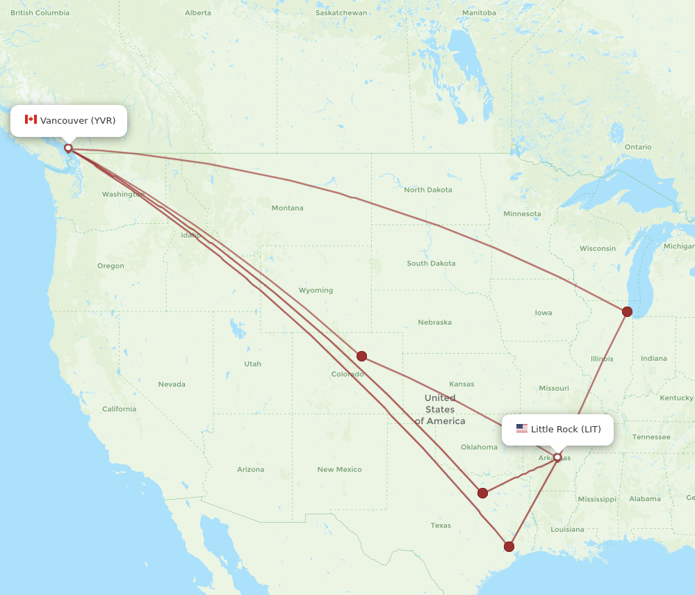 YVR to LIT flights and routes map