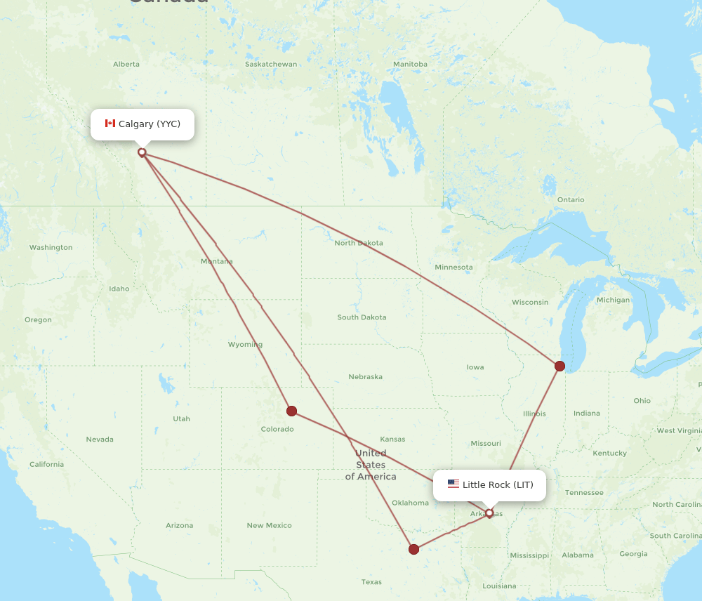 YYC to LIT flights and routes map