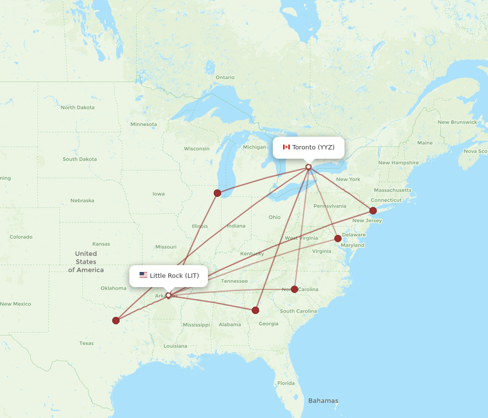 YYZ to LIT flights and routes map