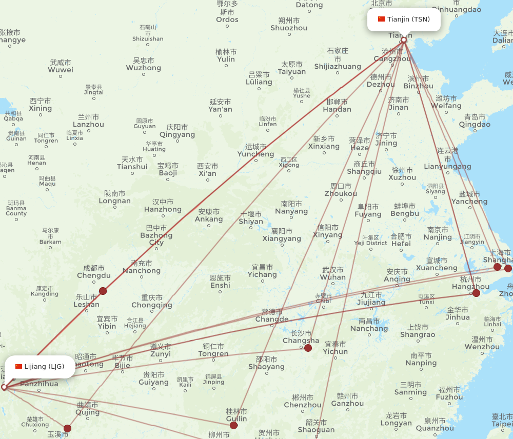LJG to TSN flights and routes map