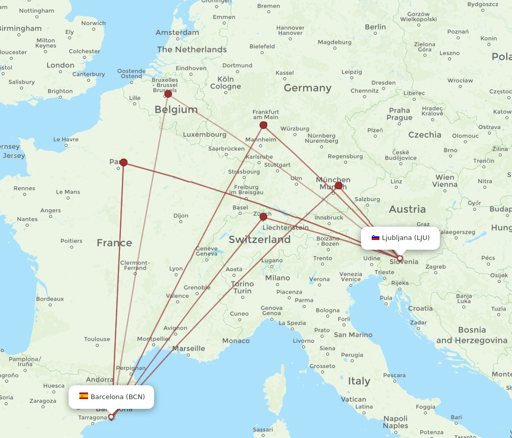LJU-BCN flight routes