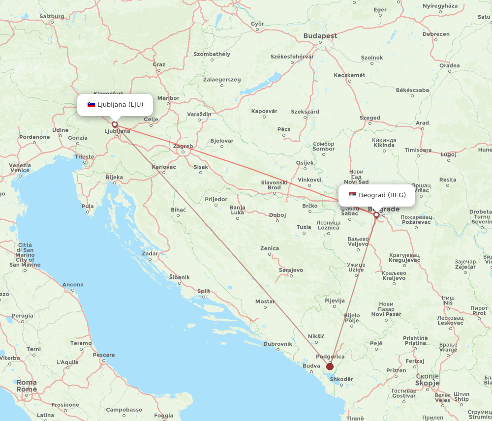 LJU to BEG flights and routes map