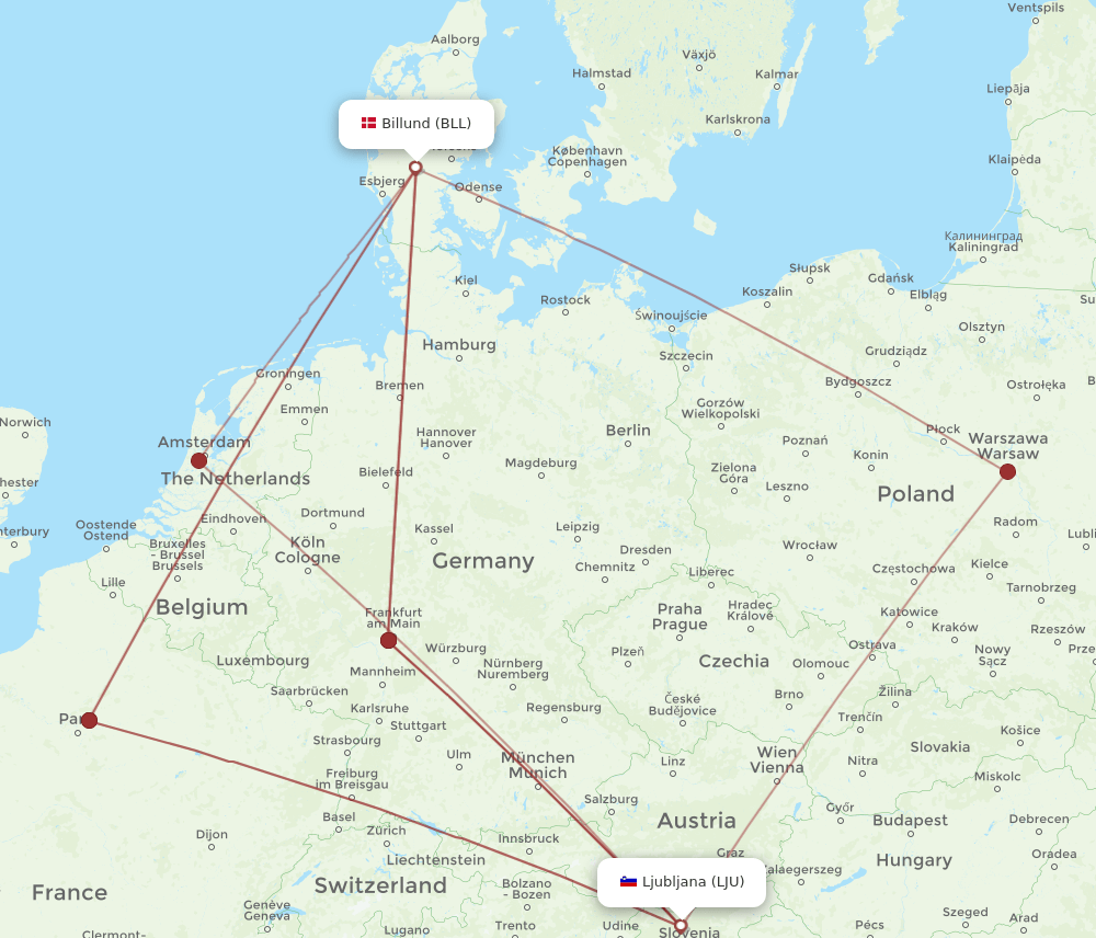 LJU to BLL flights and routes map