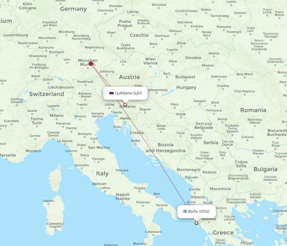 Kerkyra - Ljubljana route map and flight paths