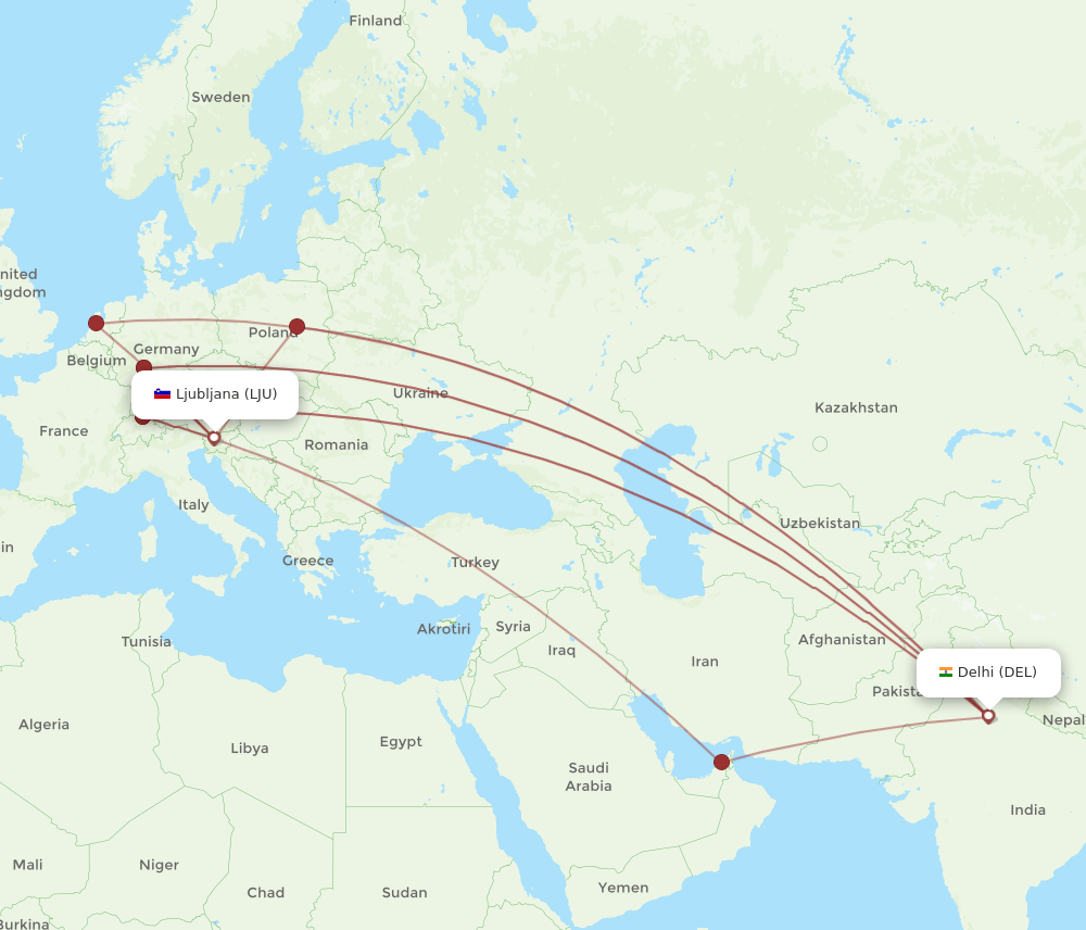 LJU to DEL flights and routes map