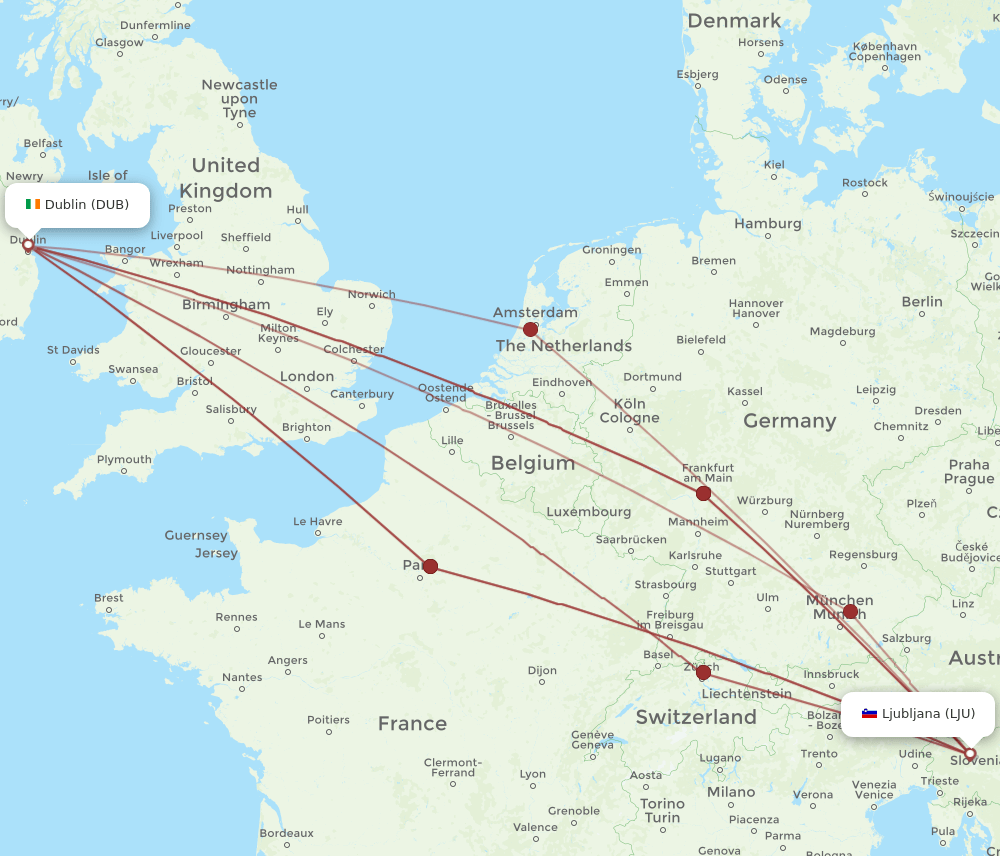 LJU to DUB flights and routes map