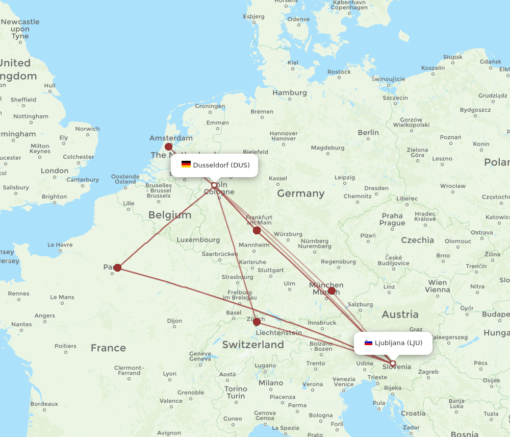 LJU-DUS flight routes