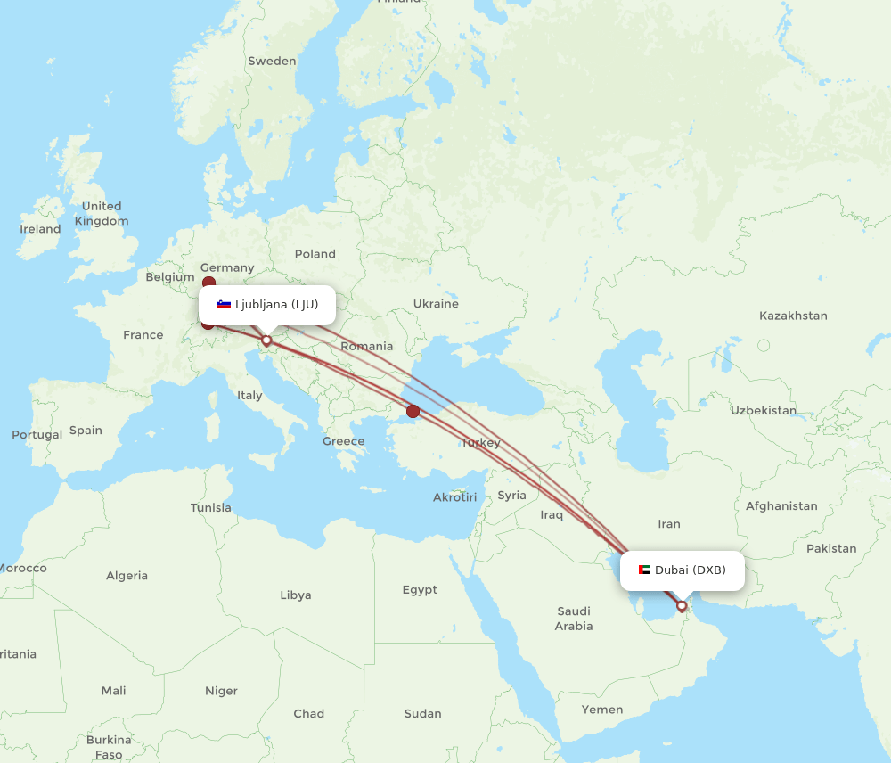 LJU to DXB flights and routes map