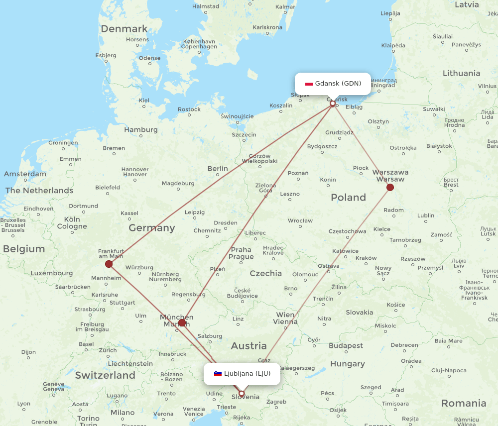 LJU to GDN flights and routes map
