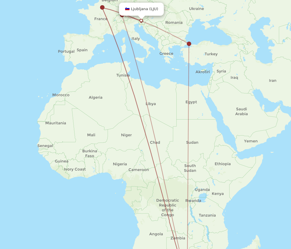 LJU-JNB flight routes