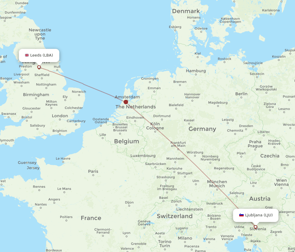 Leeds - Ljubljana route map and flight paths