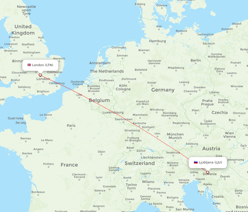 Ljubljana - London route map and flight paths