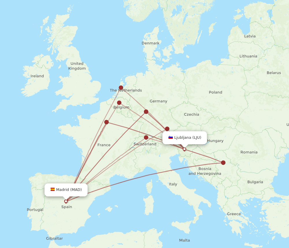 LJU to MAD flights and routes map