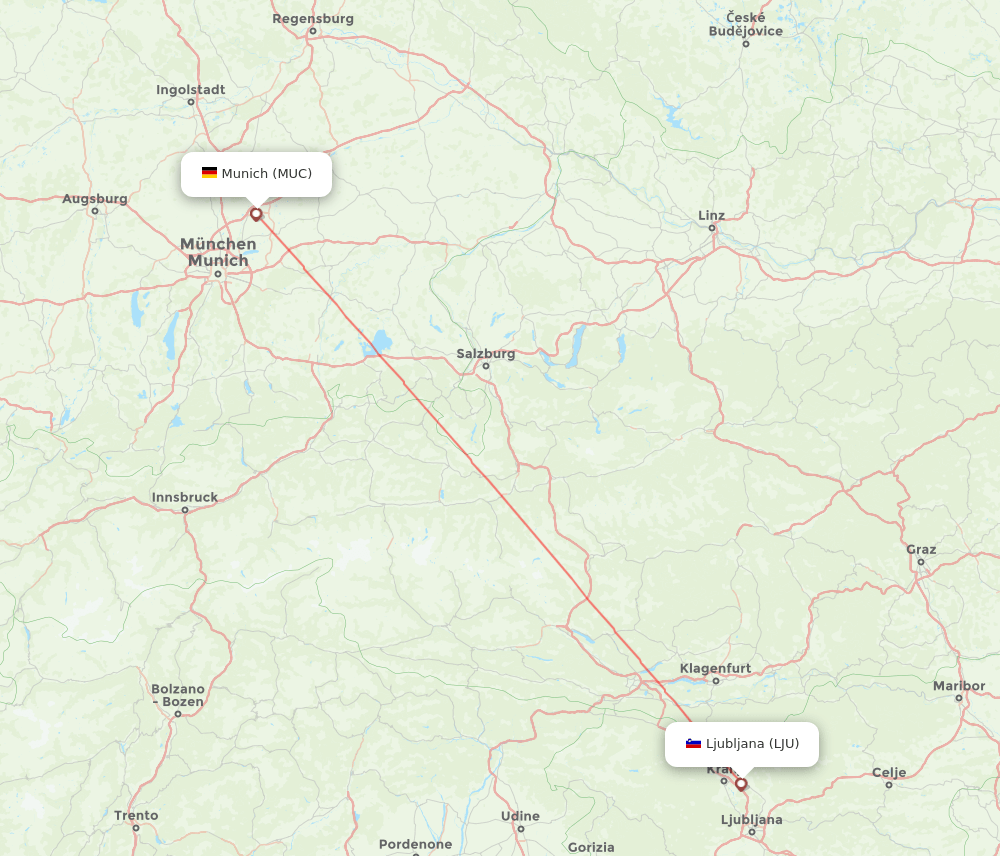 Ljubljana - Munich route map and flight paths