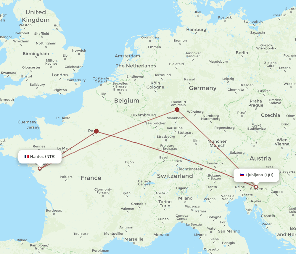 LJU to NTE flights and routes map