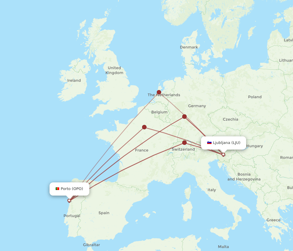 LJU to OPO flights and routes map