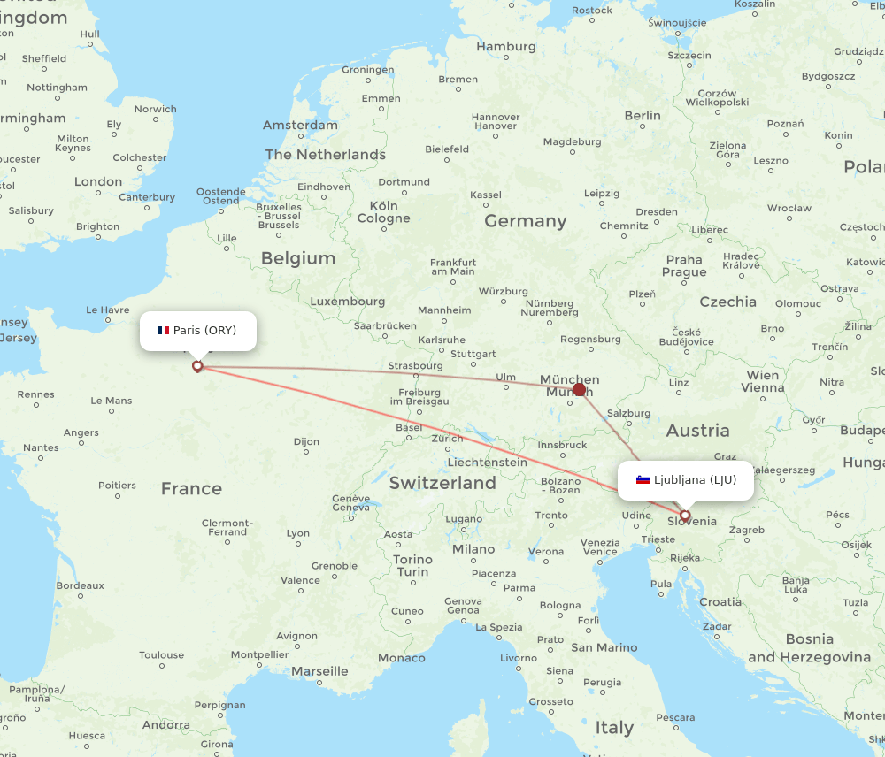 Ljubljana - Paris route map and flight paths